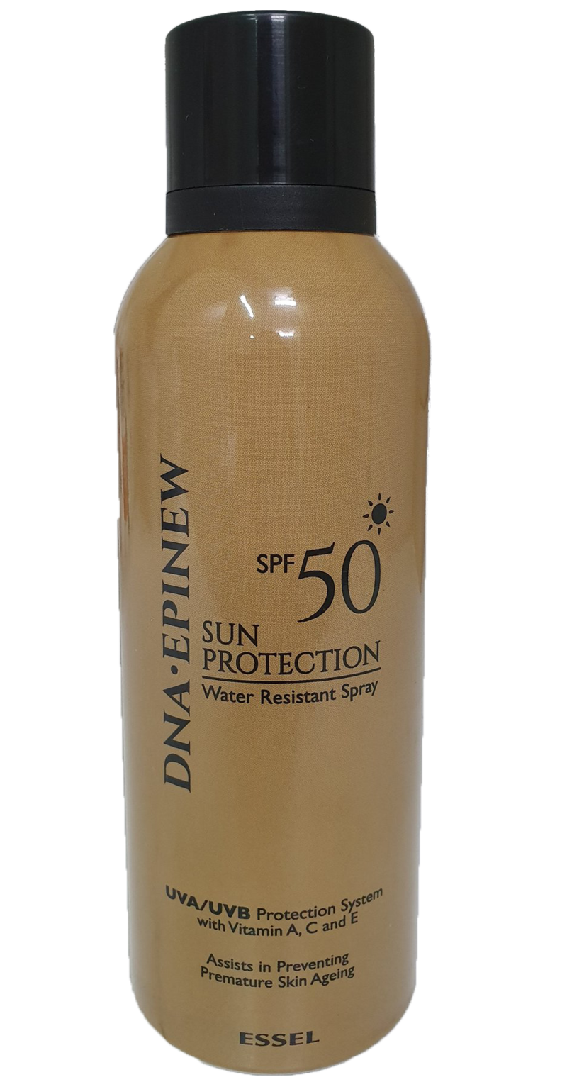 A bottle of Essel DNA-EPINEW Sun Protection Lotion Spray with SPF50+ label, indicating UV protection, in a clear liquid state.
