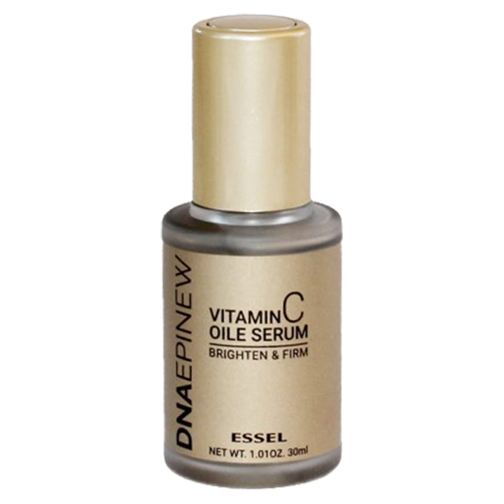 A bottle of Essel DNA-EPINEW Vitamin C Oil Serum with a gold cap and a label indicating it is a brightening and firming serum.