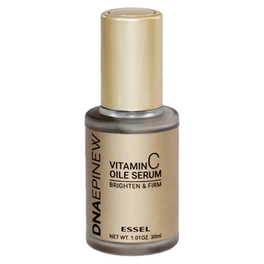 A bottle of Essel DNA-EPINEW Vitamin C Oil Serum with a gold cap and a label indicating it is a brightening and firming serum.