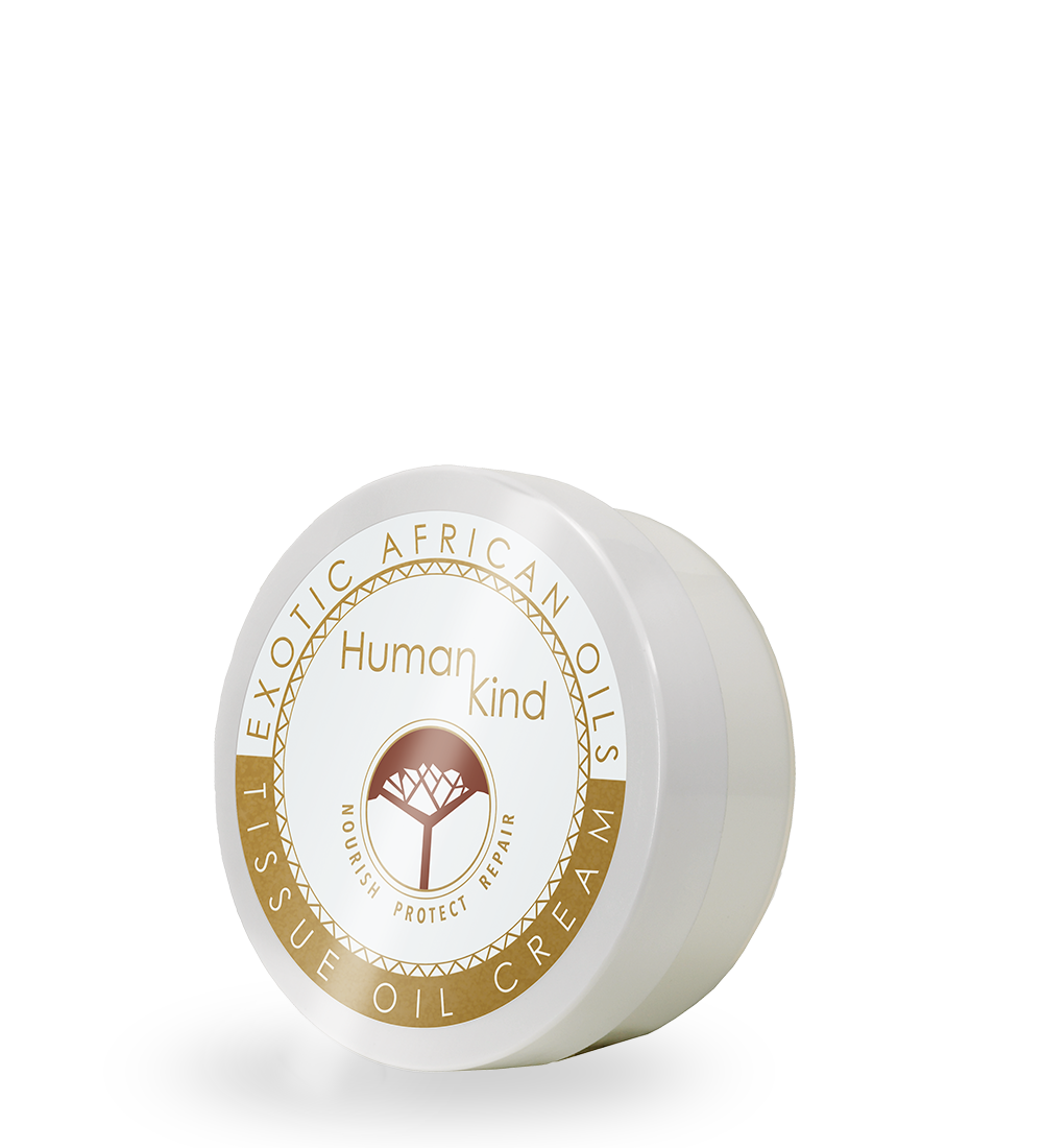 A white jar with a gold and brown label of HumanKind Tissue Oil Cream by Essel.