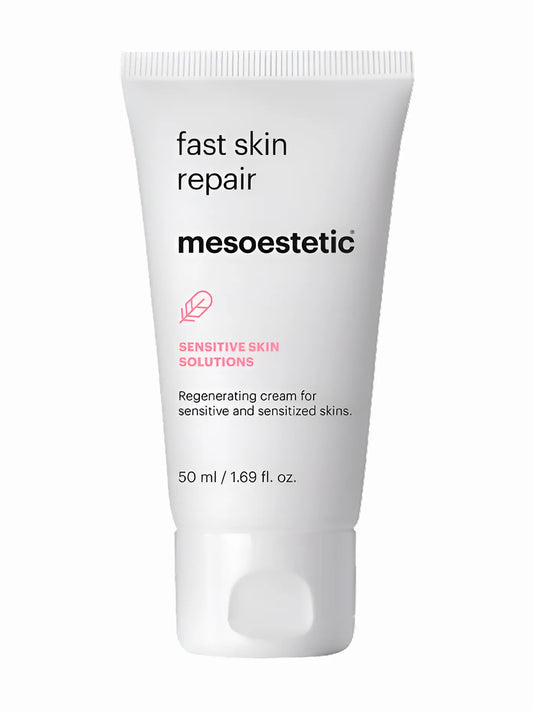 A tube of Mesoestetic Fast Skin Repair lotion for sensitive skin, with a white and pink label, indicating a capacity of 50ml.