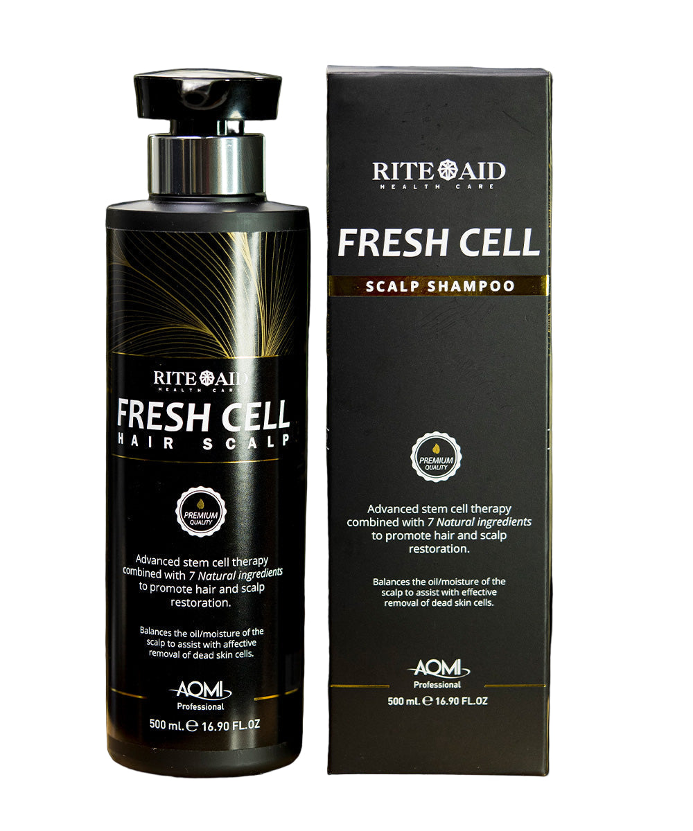 A bottle of Rite Aid Fresh Cell Scalp Shampoo displayed next to its packaging box, on a wooden surface with a textured background.