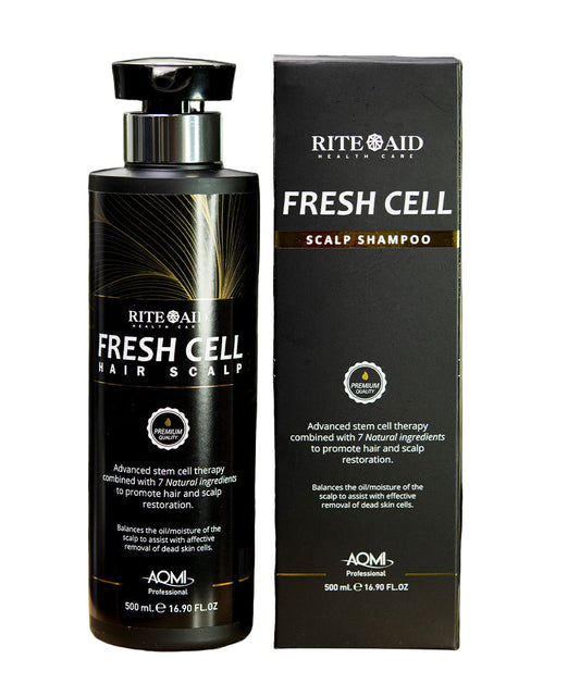 A bottle of Rite Aid Fresh Cell Scalp Shampoo displayed next to its packaging box, on a wooden surface with a textured background.