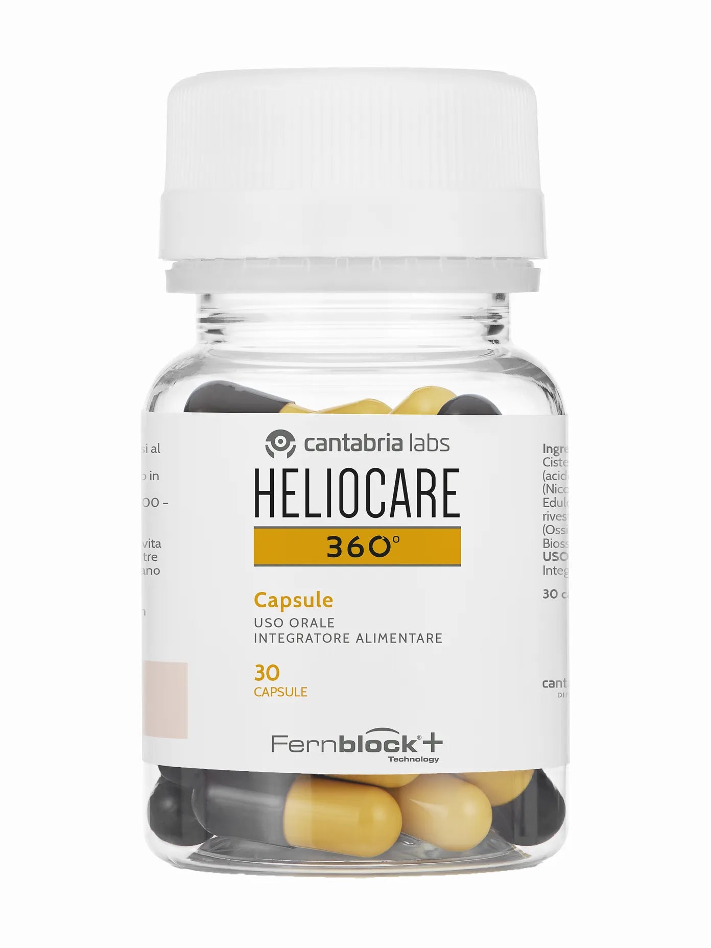A bottle of Heliocare 360 Oral capsules, intended for oral consumption, with 30 capsules inside.