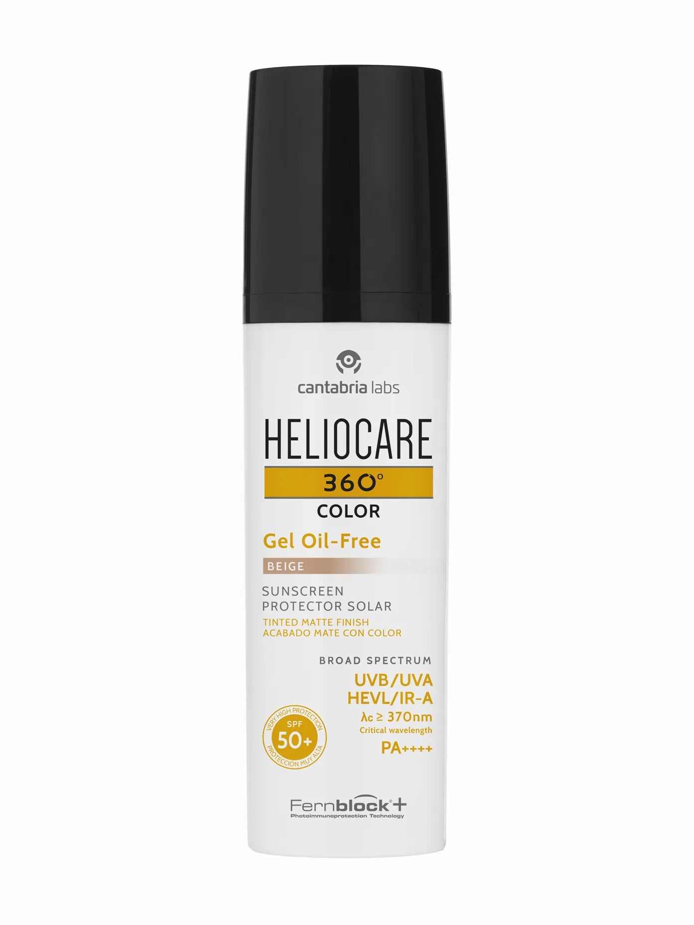 A pump bottle of Heliocare 360 Color Gel Oil Free SPF50+ sunscreen with a label indicating it is oil-free, has UVA/UVB protection, and is suitable for oily skin.