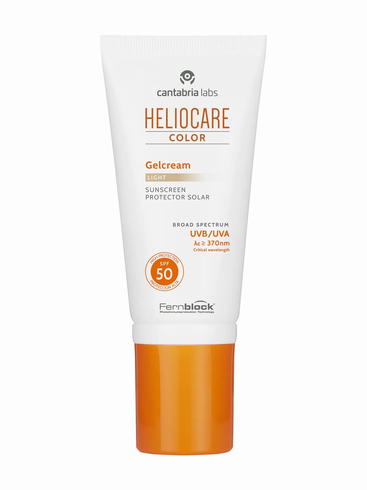 A tube of Heliocare Gel Colour sunscreen with SPF 50, primarily white and orange in color, designed for broad-spectrum UVA/UVB protection.