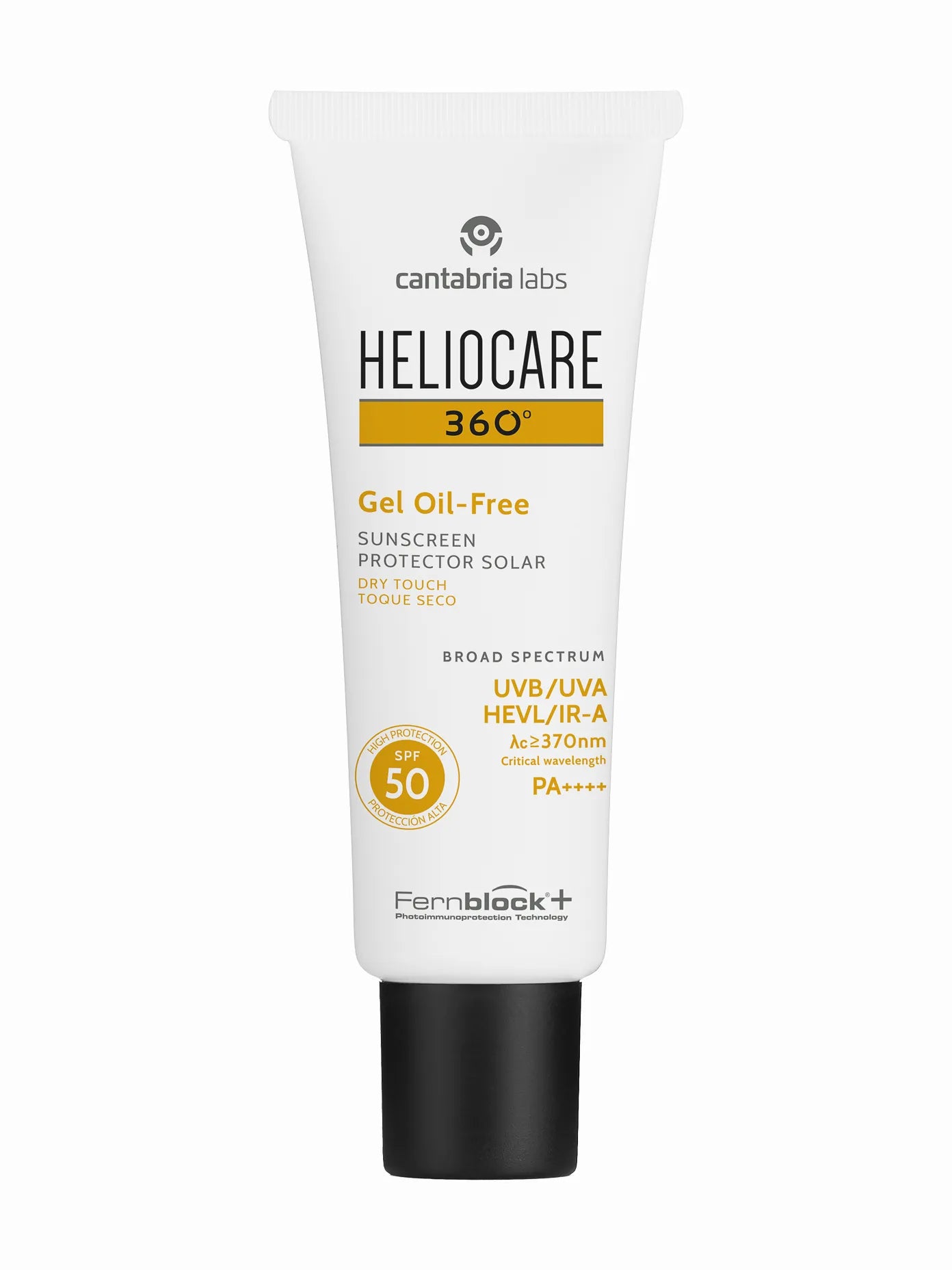 A tube of Heliocare 360 Gel Oil-Free SPF 50 sunscreen with a white body and yellow text, indicating broad spectrum UV protection.