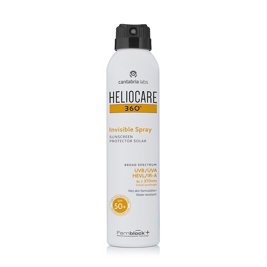 A bottle of Heliocare 360 Invisible Spray, sunscreen with SPF 50+, labeled for all skin types, with a capacity of 200ml.