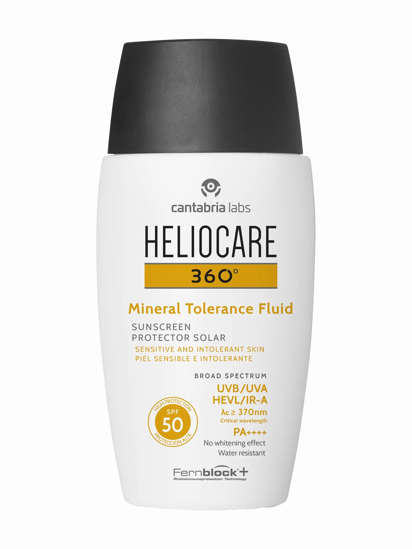 A bottle of Heliocare 360 Mineral Tolerance Fluid sunscreen lotion with SPF 50 protection, labeled in white and black colors with text and branding.