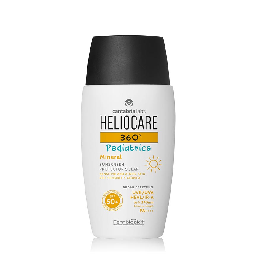 A bottle of Heliocare Pediatric Mineral Sunscreen SPF50+ with a white label and black cap.