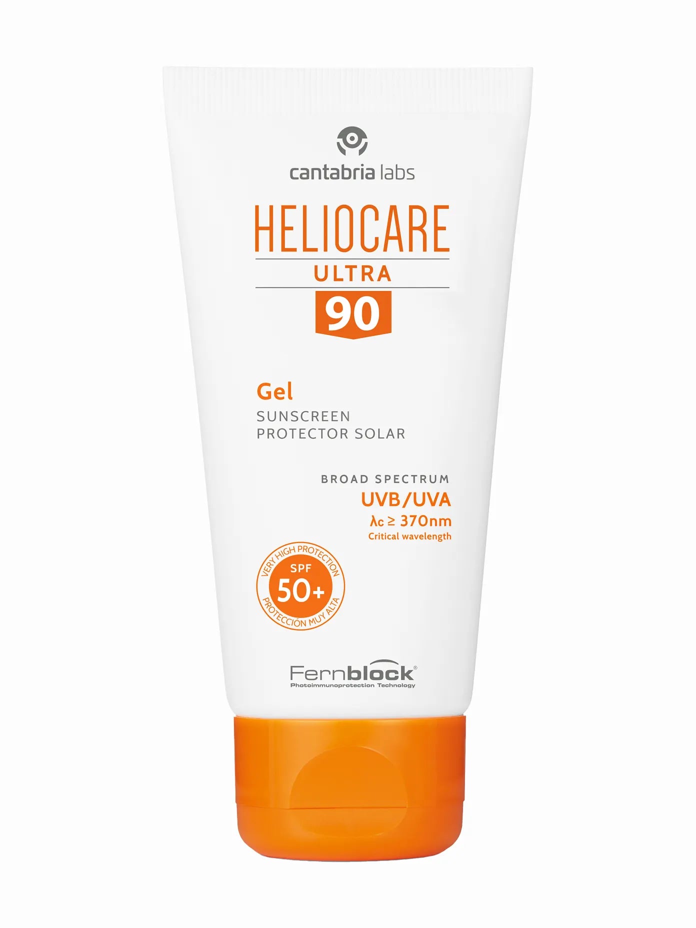A tube of Heliocare Ultra 90 Gel SPF 50+ sunscreen with broad-spectrum UVA/UVB protection, labeled for all skin types, with active ingredients listed on the package.