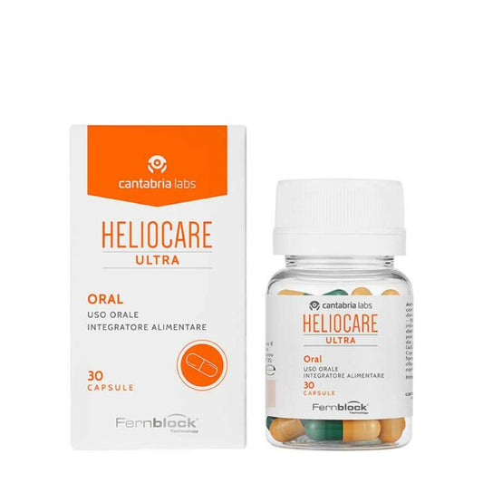 Packaging and bottle of Heliocare Ultra oral capsules, with 30 capsules mentioned on the label.