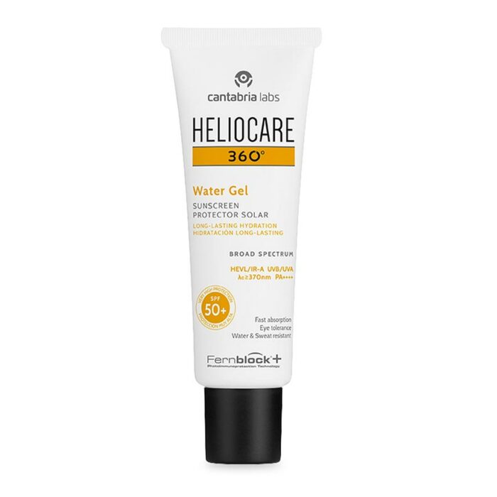 A tube of Heliocare 360 Water Gel SPF50+ sunscreen, with a white body and yellow labeling.
