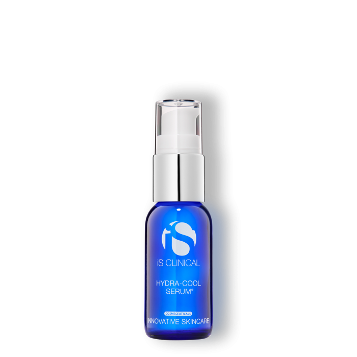 A pump bottle of iS Clinical Hydra-Cool Serum with a visible blue liquid inside.