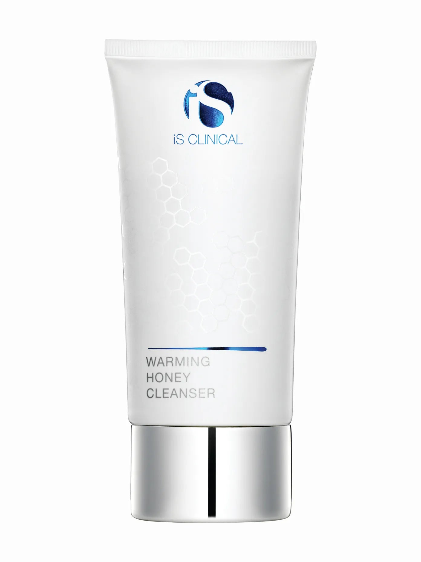 A white tube packaging of iS Clinical Warming Honey Cleanser with a blue accent on the cap.