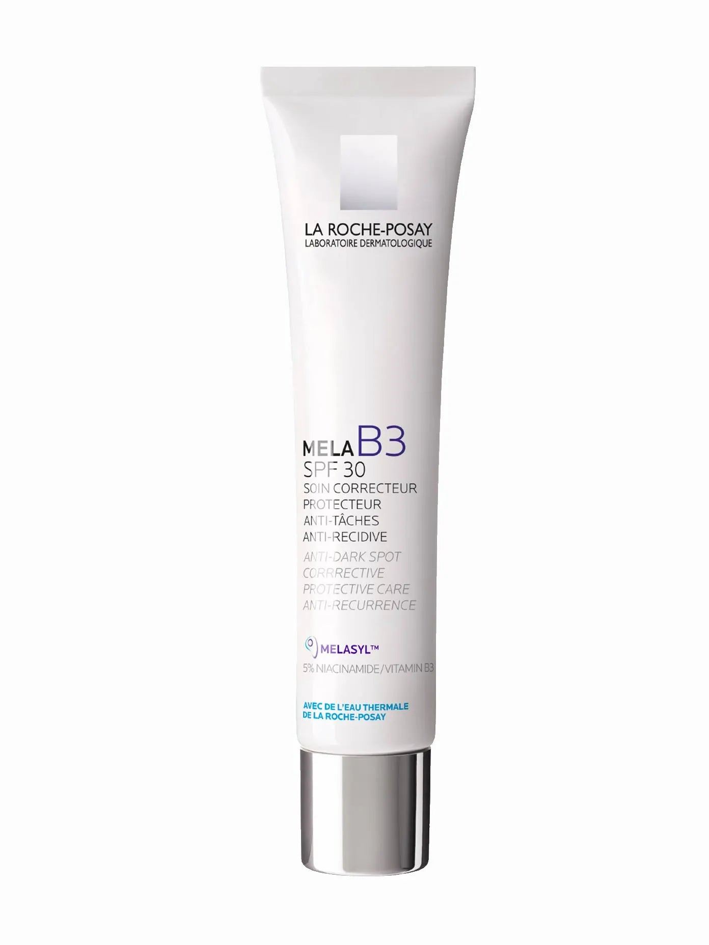 A tube of La Roche-Posay MELA B3 UV Daily Moisturiser with SPF 30, labeled in white and purple colors.