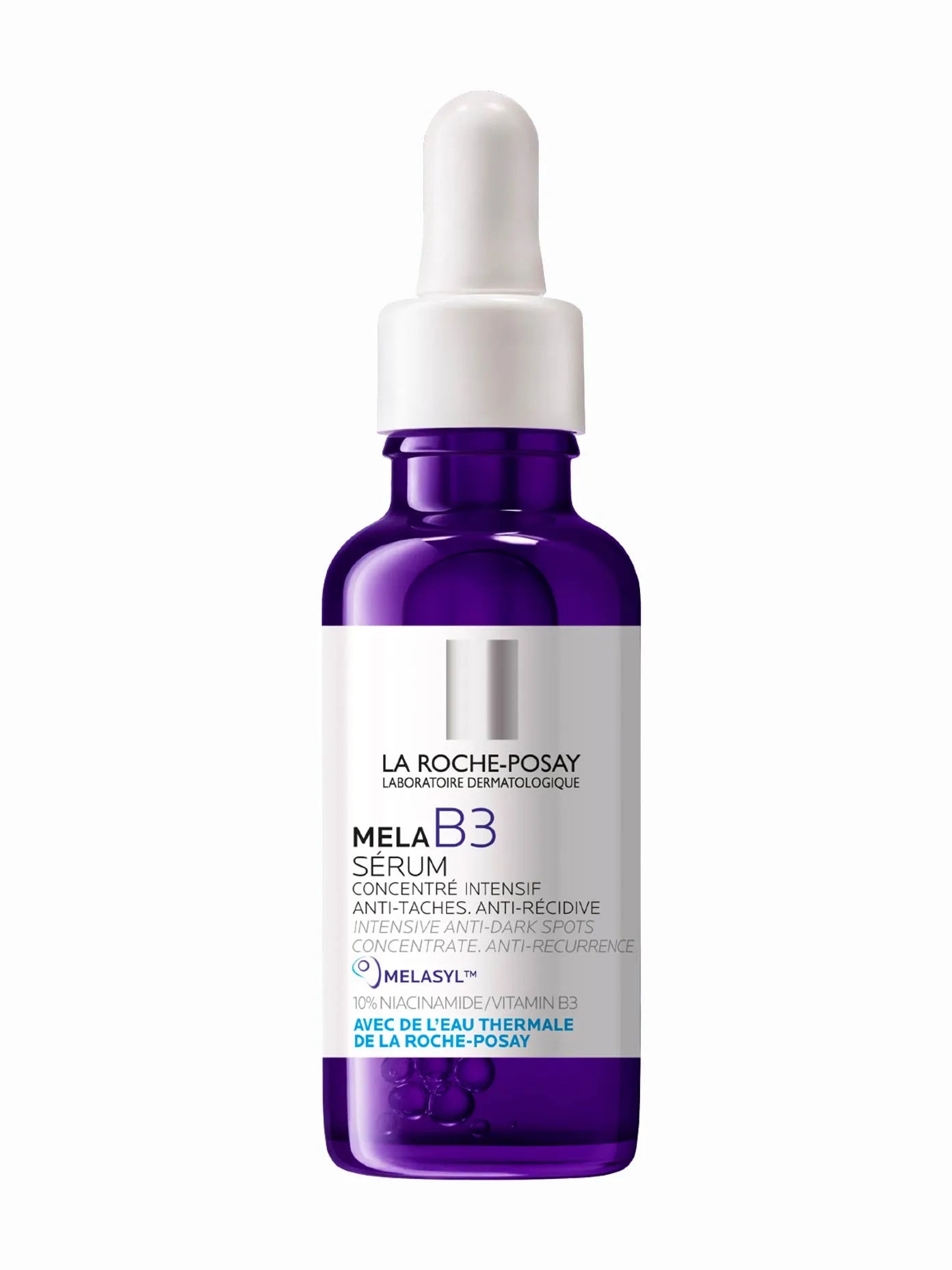 La Roche Posay dropper bottle with mela B3 serum bottle is purple with white label and white dropper lid