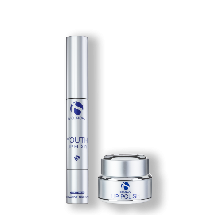 Two skincare products, one Lip Polish in a jar and one Youth Lip Elixir in a spray bottle, both with silver and blue labeling.