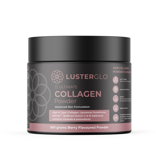 A container of LUSTERGLO Ultimate Collagen Powder in berry flavor. The container is black with a pink label and floral design elements.