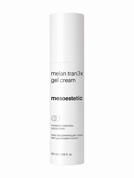 A bottle of Mesoestetic melan tran3x gel-cream designed for skincare, specifically to reduce hyperpigmentation.