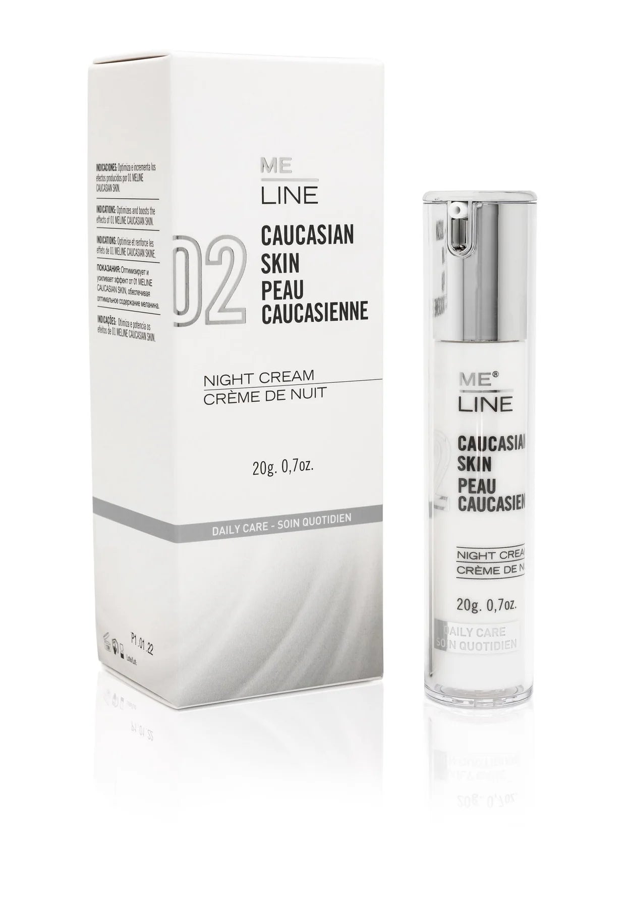 A product image showing ME Line Caucasian Skin Night cream packaging and the cream container itself, with the packaging indicating the cream is for night use and contains 20g of the product.