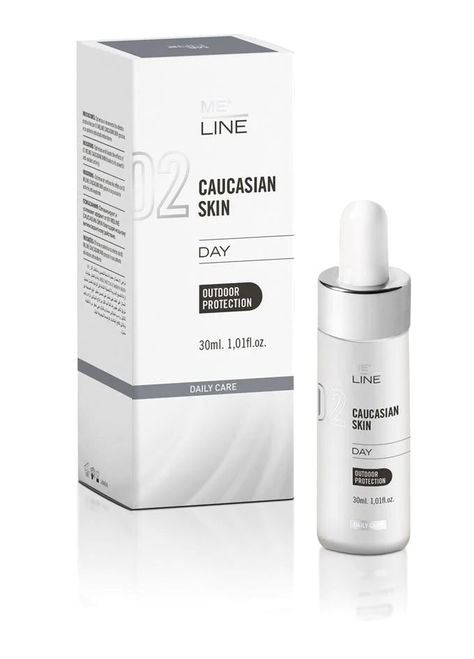 Product packaging and bottle for MeLine Caucasion Skin Day, a skin care serum designed to reduce pigmentation.