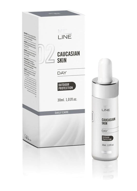 Product packaging and bottle for MeLine Caucasion Skin Day, a skin care serum designed to reduce pigmentation.