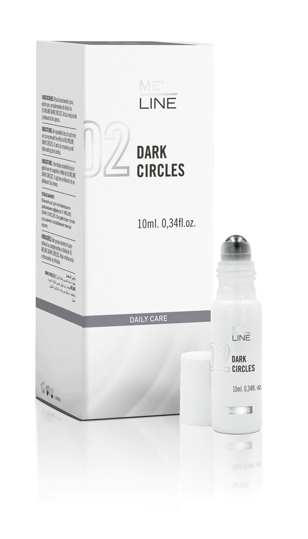A product image showing ME Line Dark Circles (10ml) packaging and container, primarily in white and grey tones.