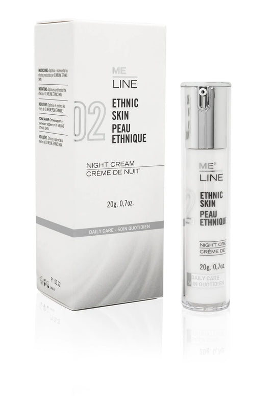 Packaging and bottle of MeLine Ethnic Night skincare product, with box displaying product information.
