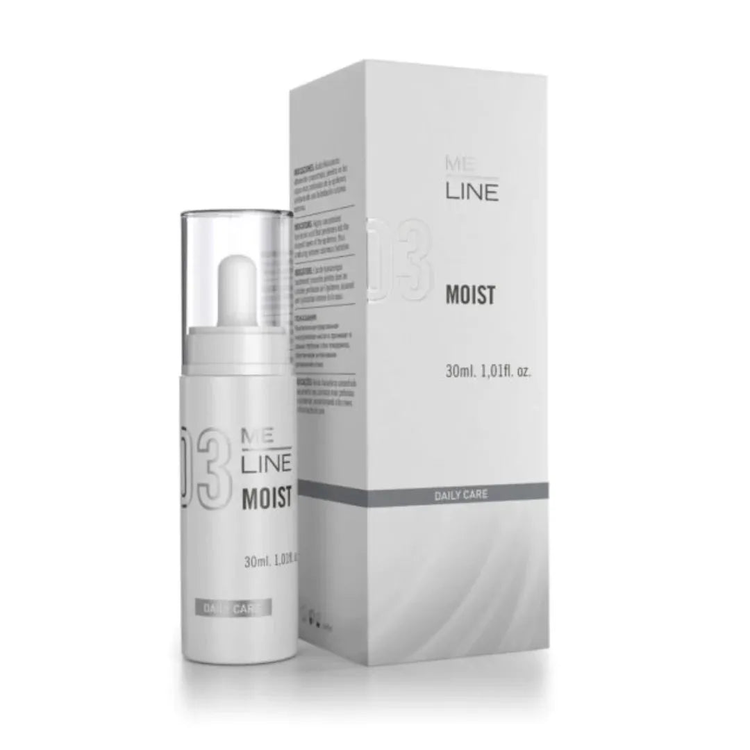 A product image showing MeLine Moist skincare product, which is a hyaluronic acid-based skincare product, packaged in a white bottle with a dropper, alongside its white and grey packaging box.