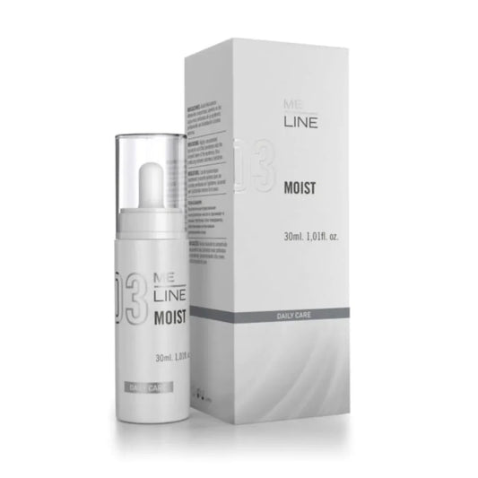 A product image showing MeLine Moist skincare product, which is a hyaluronic acid-based skincare product, packaged in a white bottle with a dropper, alongside its white and grey packaging box.