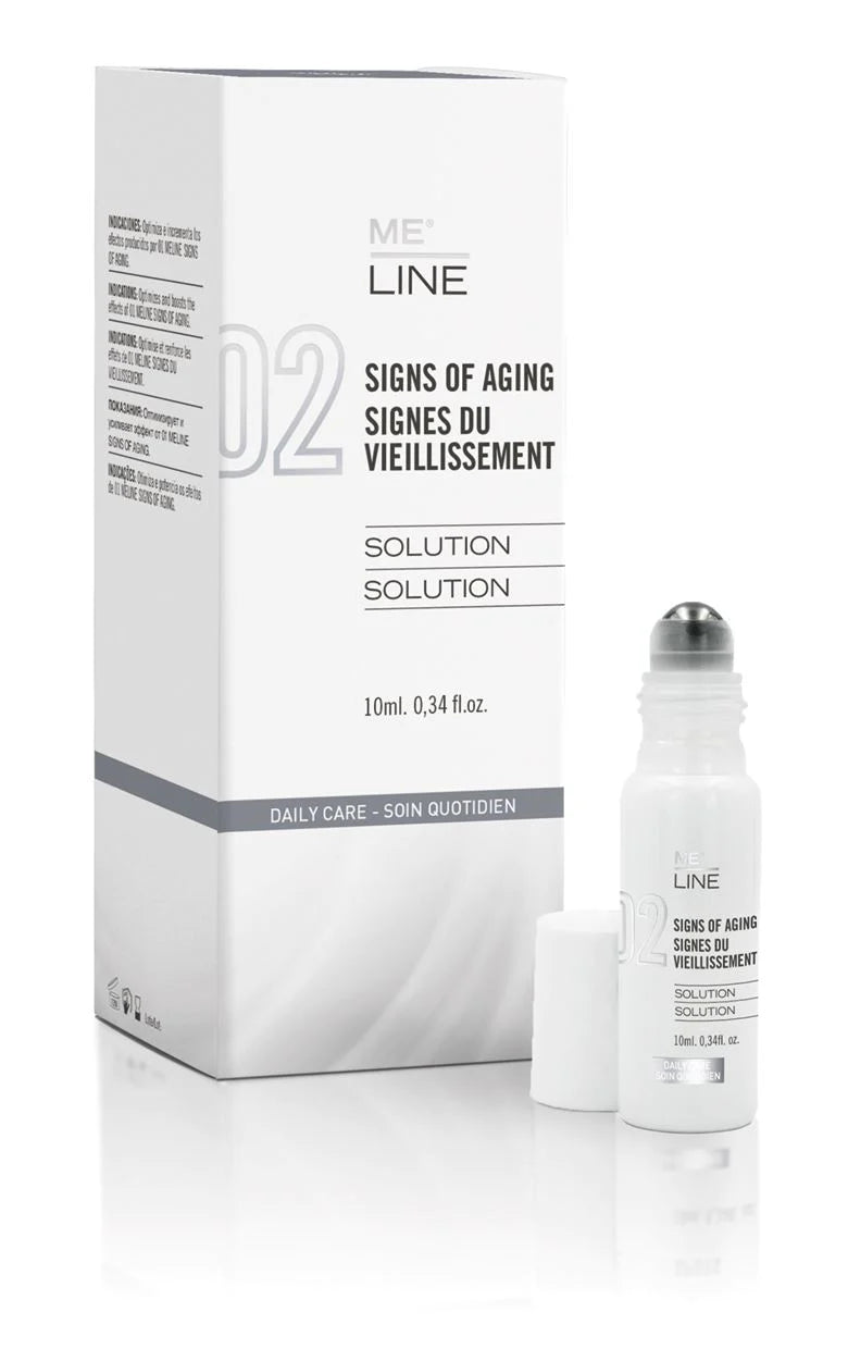 Packaging and bottle of MeLine Spots skincare product, with box displaying product name and 'anti-aging' hashtag.