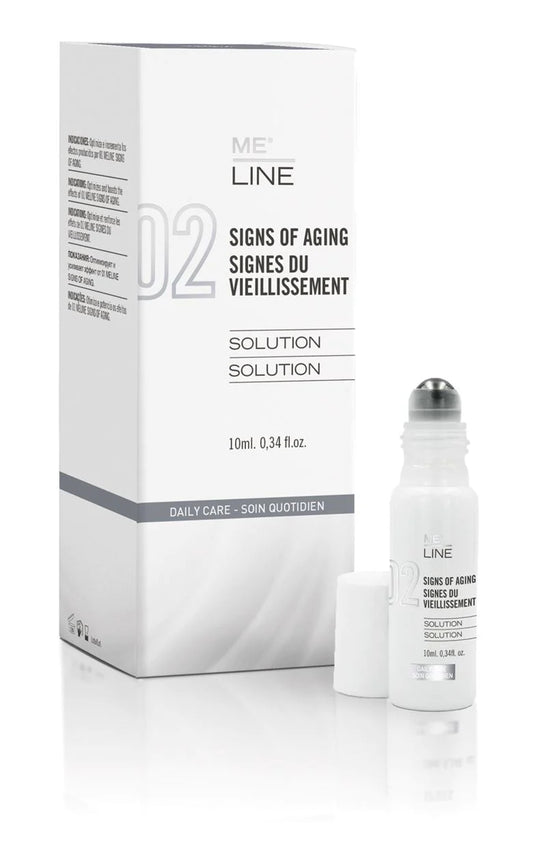 Packaging and bottle of MeLine Spots skincare product, with box displaying product name and 'anti-aging' hashtag.
