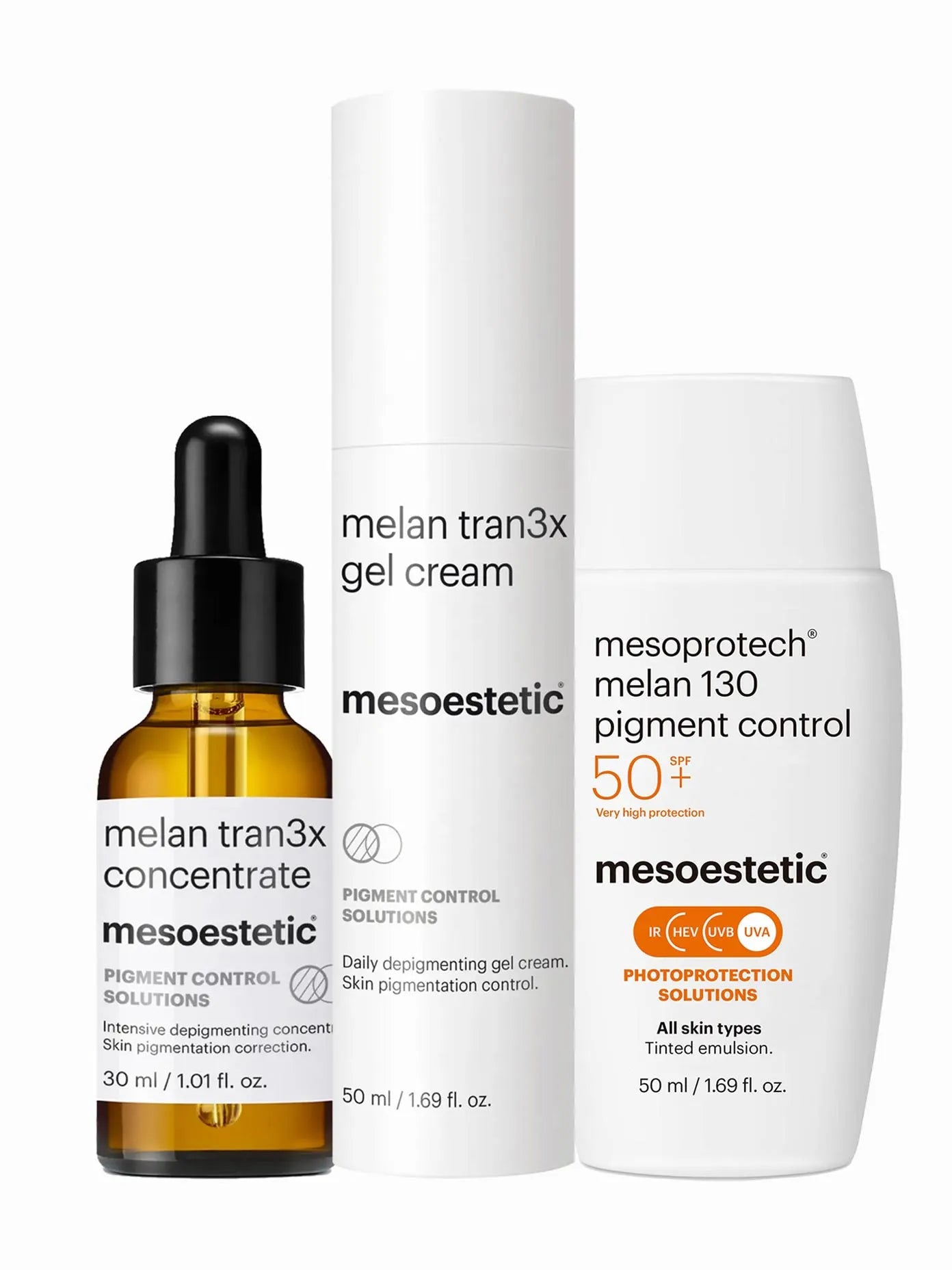 The image shows three skincare products from Mesoestetic: a Melan Tran3x Concentrate bottle, a Melan Tran3x Gel-Cream tube, and a Mesoprotech melan 130 Pigment Control SPF 50+ bottle.