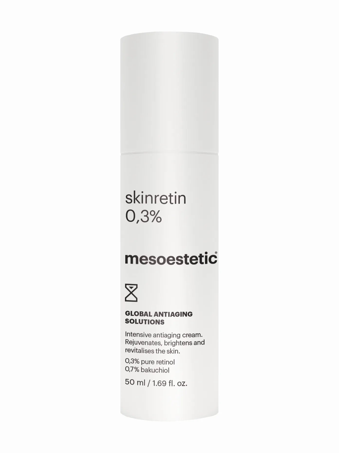 A white pump bottle labeled 'skinretin 0.3% mesoestetic' indicating a global anti-aging solution for the skin.