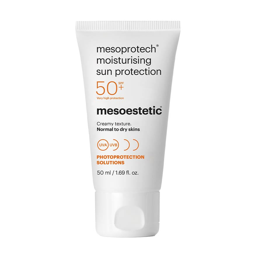 A tube of Mesoprotect Moisturising Sunblock with SPF 50, labeled as 'High Protection', 'Creamy', and 'Normal Dry Skin'. The packaging is primarily white with orange accents and text.