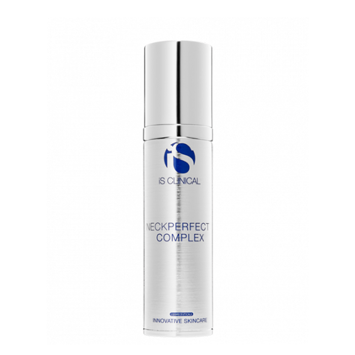 A bottle of NeckPerfect Complex skincare product from iS Clinical.