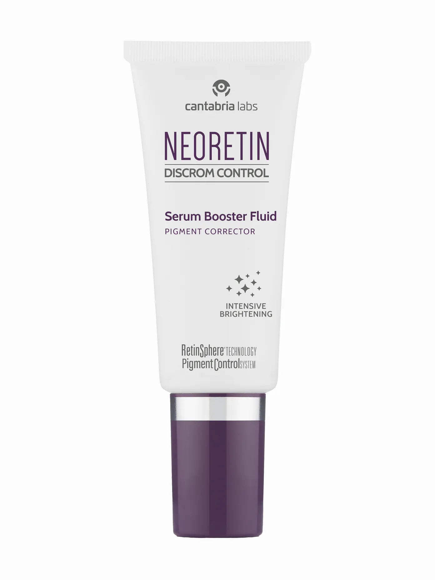 A white tube packaging of Neoretin Booster Serum with purple text and accents, highlighting its pigmentation control properties.