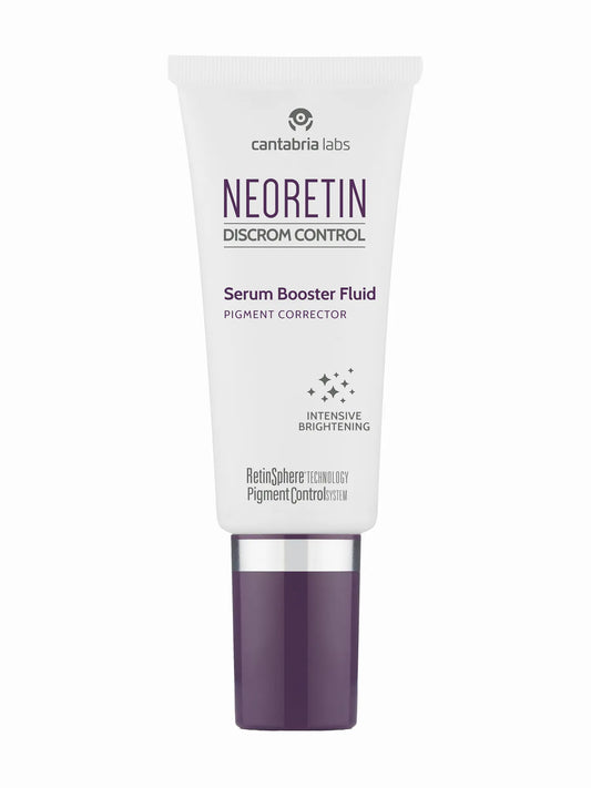 A white tube packaging of Neoretin Booster Serum with purple text and accents, highlighting its pigmentation control properties.