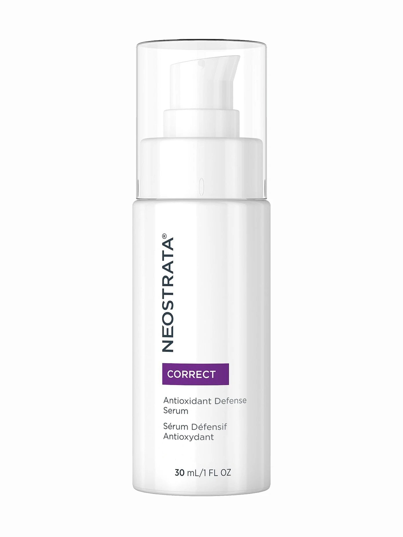 A white bottle of NeoStrata Skin Active Antioxidant Defense Serum with a pump dispenser, labeled for correcting skin issues related to aging.