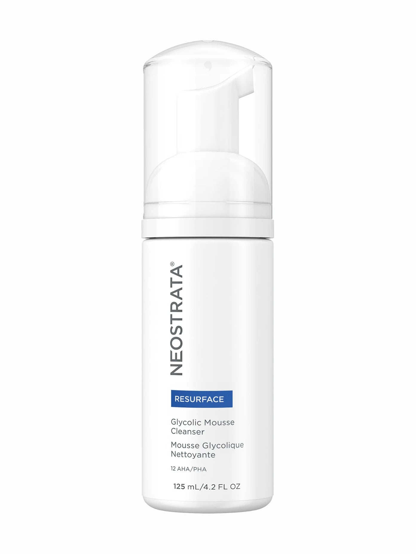 A pump bottle of NeoStrata Glycolic Mousse Cleanser with white and blue labeling, 125ml size.