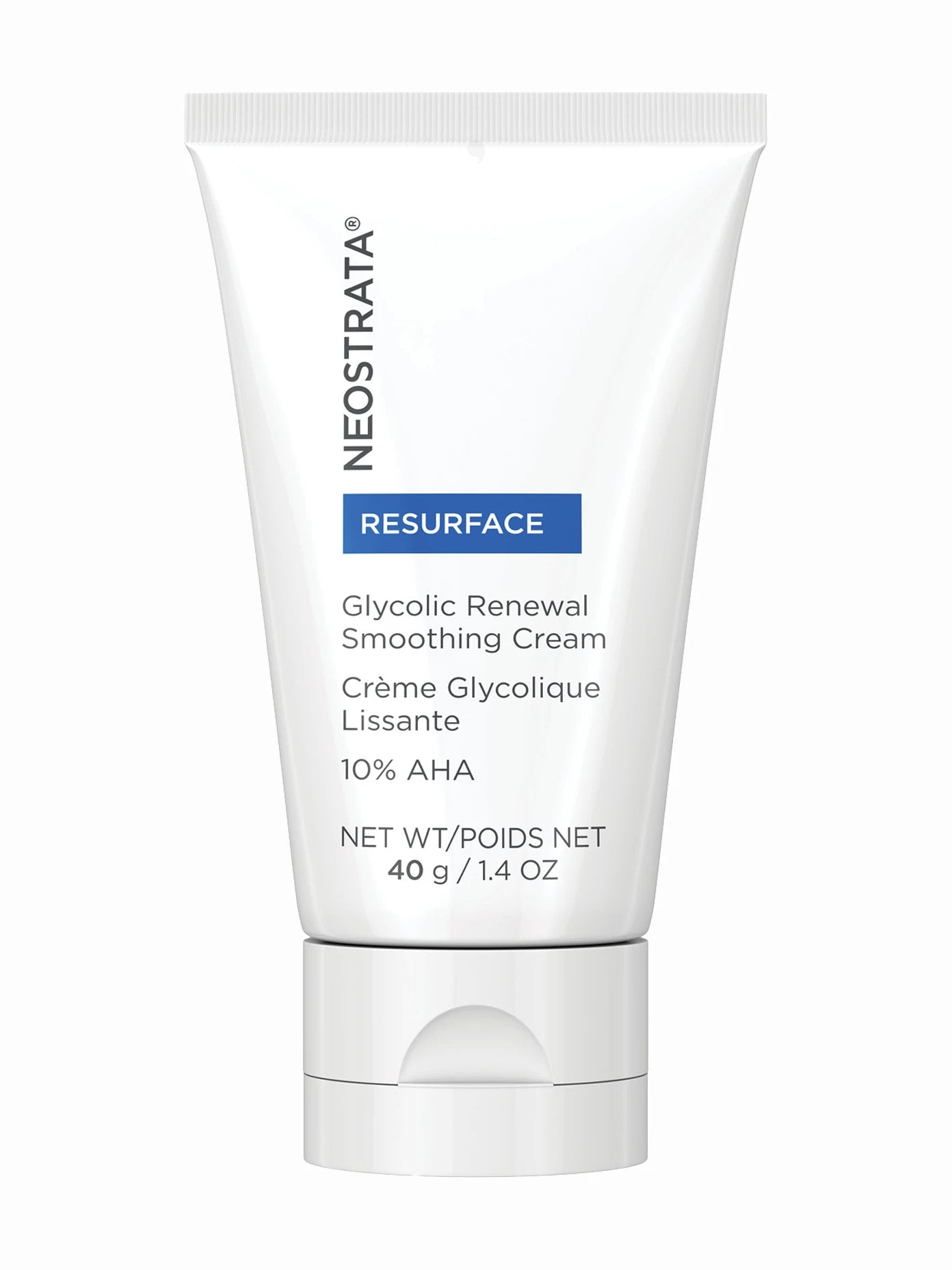 NeoStrata Glycolic Renewal Smoothing Cream in a white tube with blue and blue-green text, indicating it is a skin care product designed for resurfacing and smoothing the skin.