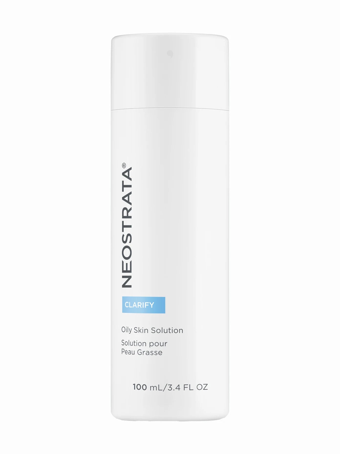 A pump bottle of NeoStrata Oily Skin Solution, 100ml in size, with a white and blue label indicating its purpose for oily skin.