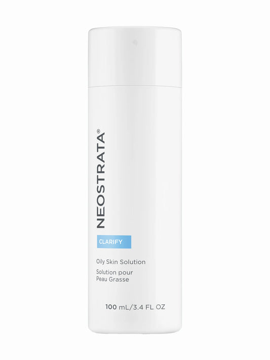 A pump bottle of NeoStrata Oily Skin Solution, 100ml in size, with a white and blue label indicating its purpose for oily skin.