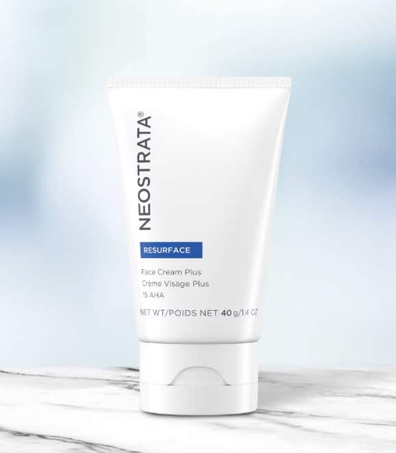 A tube of NeoStrata Face Cream Plus with text indicating its use for face cream, its pH level, and its ingredients such as Glycolic Acid.