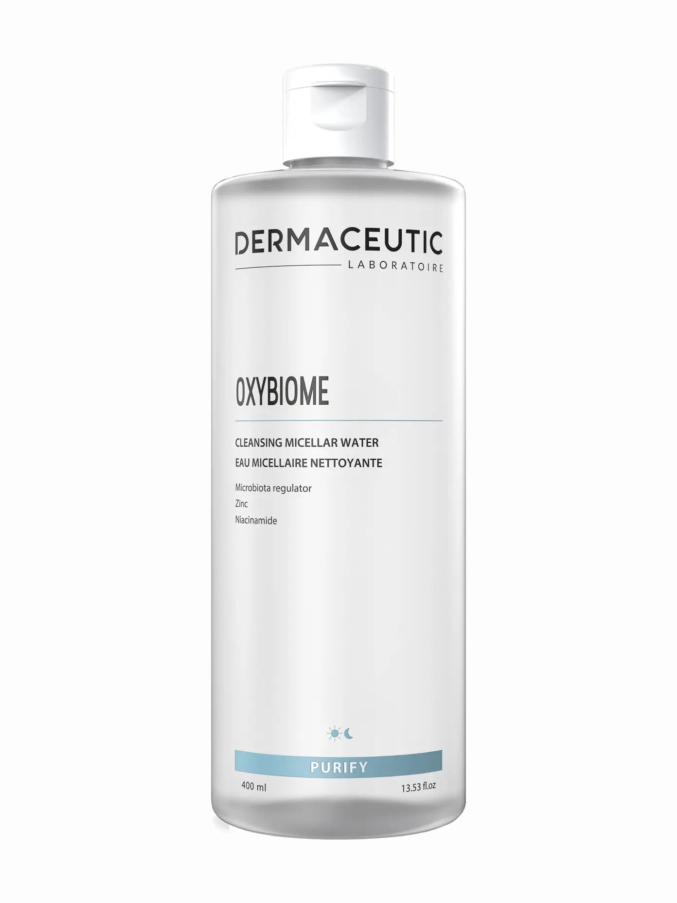 A bottle of Dermaceutic Oxybiome cleansing micellar water, with a label indicating it is for all skin types, including sensitive skin, and that it contains naturally-derived ingredients.
