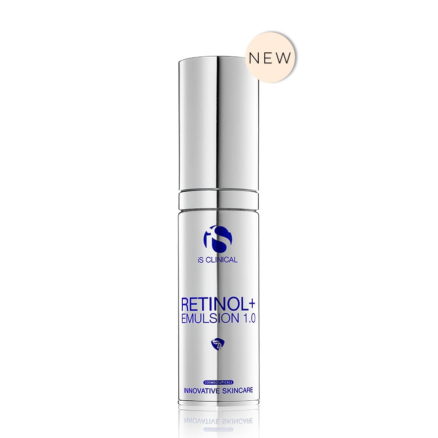 A new product label for Retinol+ Emulsion 1.0 by iS Clinical, featuring a white and blue color scheme with a 'NEW' badge on the top right corner.