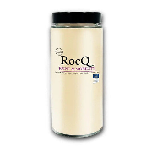 A sealed pump bottle of RocQ Joint & Mobility cream with a label showing the brand and product name.