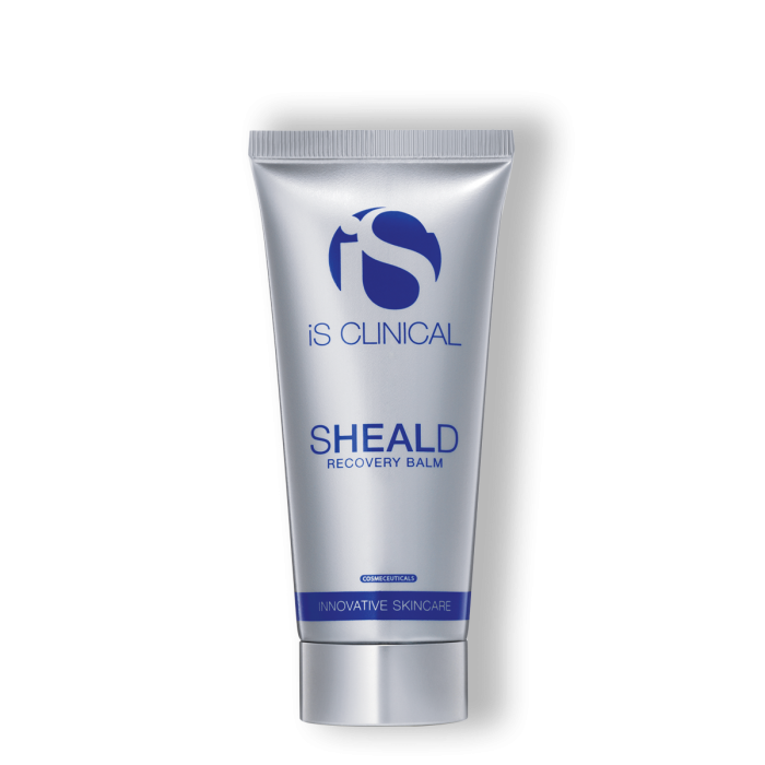 A tube of SHEALD Recovery Balm with a blue and white label, indicating it is a product by Is Clinical.
