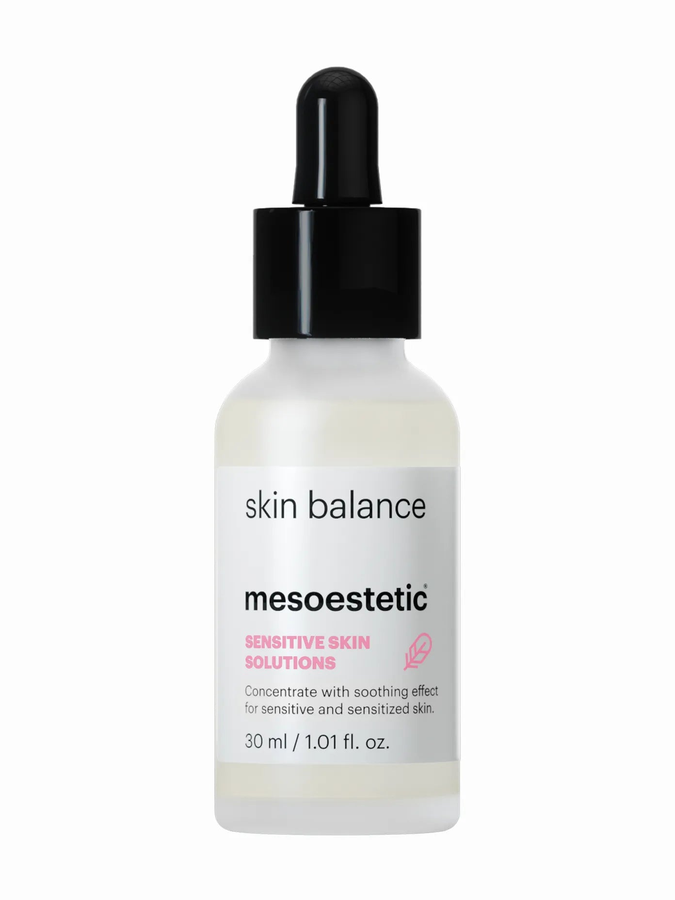 A bottle of Mesoestetic Skin Balance serum with a dropper cap, intended for sensitive skin.
